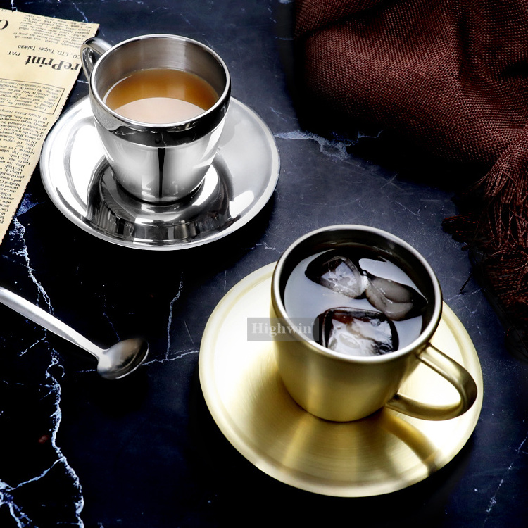 HIGHWIN 5.5 oz Coffee Cups Set Stainless Steel Espresso Cup Optional with or without a saucer