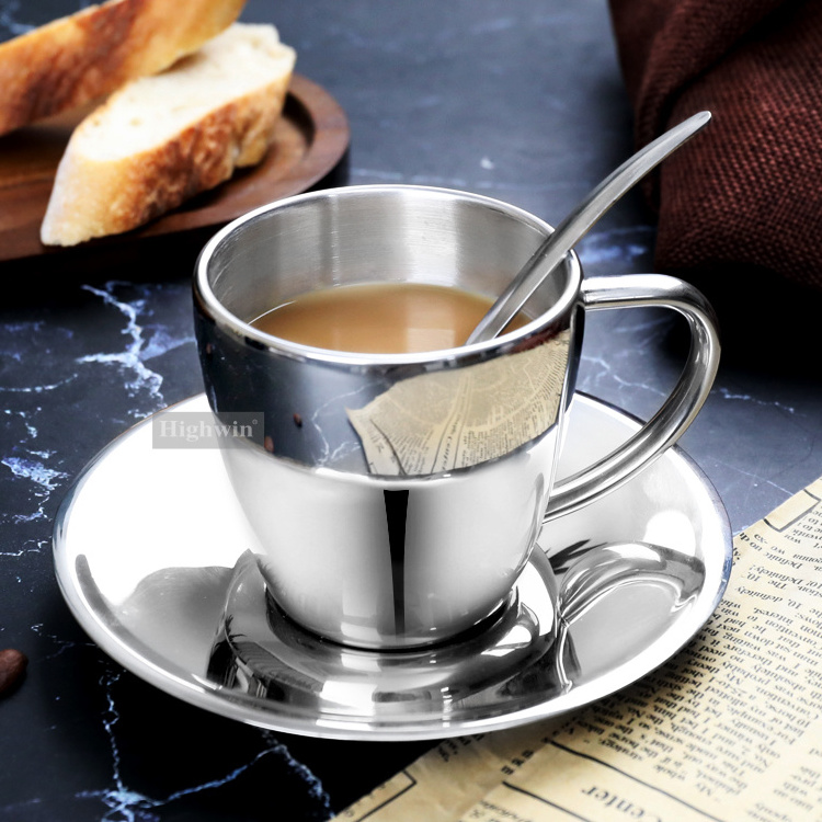 HIGHWIN 5.5 oz Coffee Cups Set Stainless Steel Espresso Cup Optional with or without a saucer