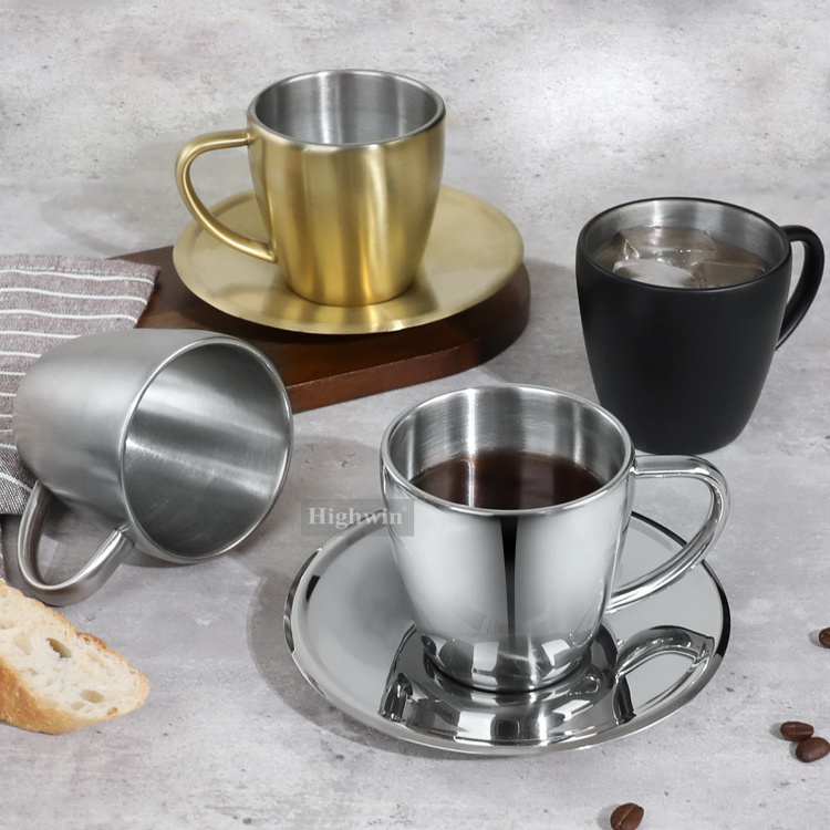 HIGHWIN 5.5 oz Coffee Cups Set Stainless Steel Espresso Cup Optional with or without a saucer