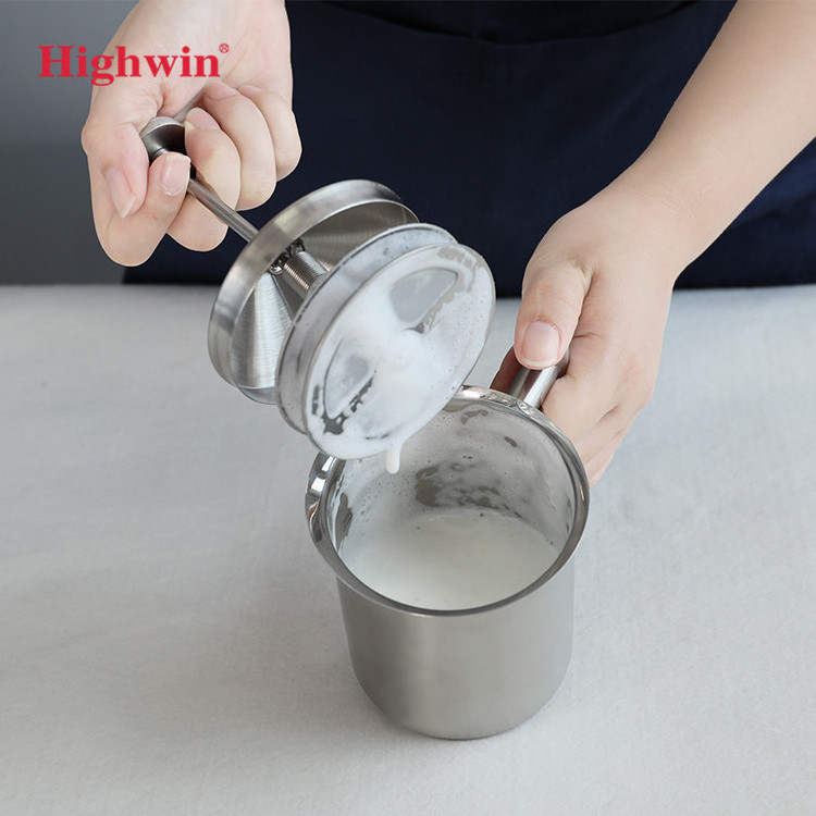 HIGHWIN Stainless Steel Milk Frother Manual Milk Creamer Hand Pump Frother Double Mesh Creamer Milk Foam