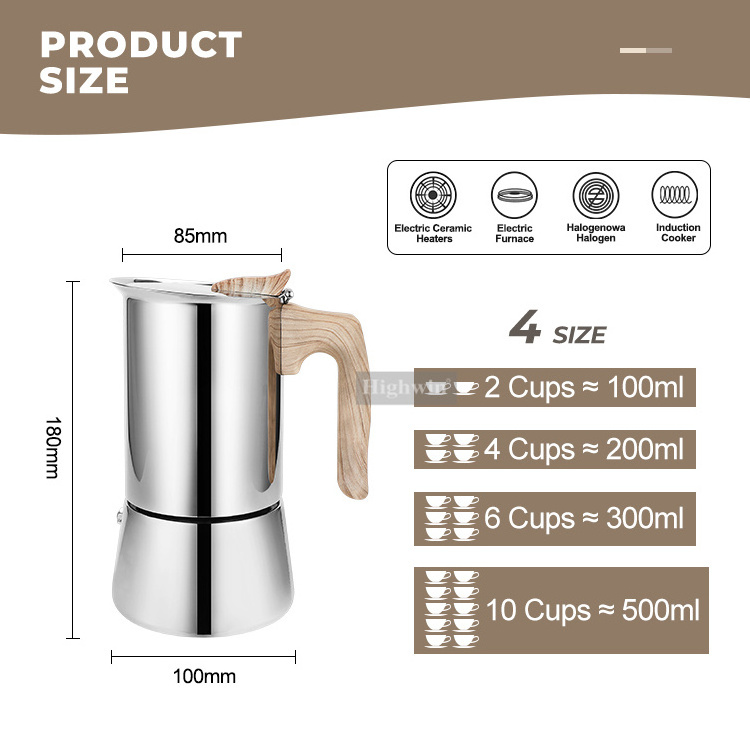 HIGHWIN 2 4 6 10 Cups Stainless Steel Induction-Capable Stovetop Espresso Maker Moka Pot Percolator