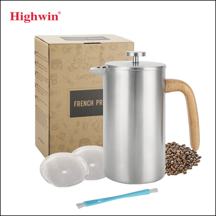 Highwin Factory Wood Handle Stainless Steel Double Wall French Coffee Press