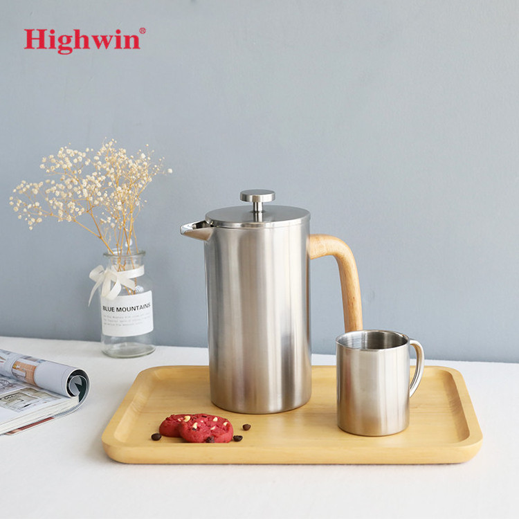 Highwin Factory Wood Handle Stainless Steel Double Wall French Coffee Press