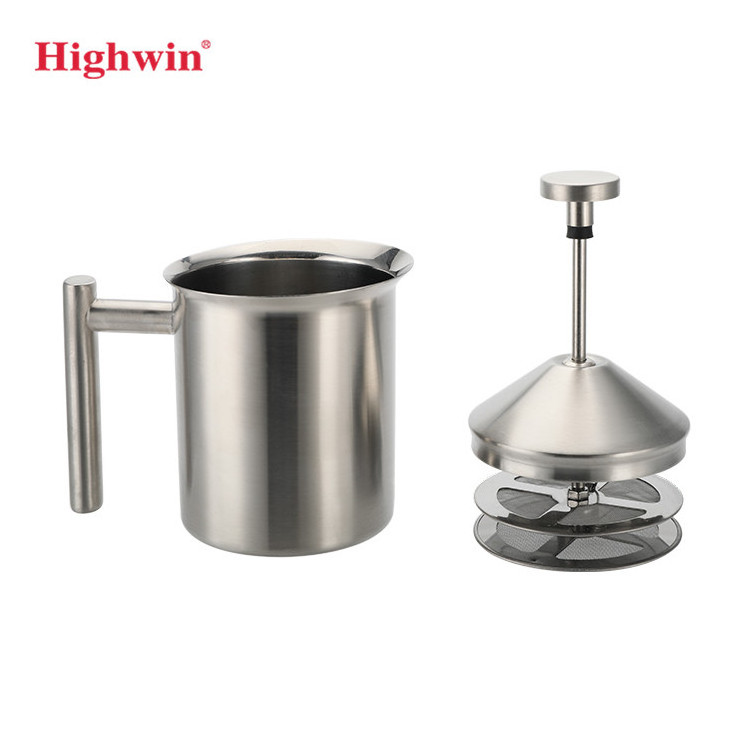 HIGHWIN Stainless Steel Milk Frother Manual Milk Creamer Hand Pump Frother Double Mesh Creamer Milk Foam