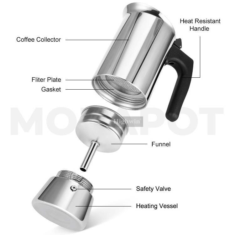 Induction-Capable Mocha Pot 450ml Stovetop Espresso Maker Stainless Steel Percolator