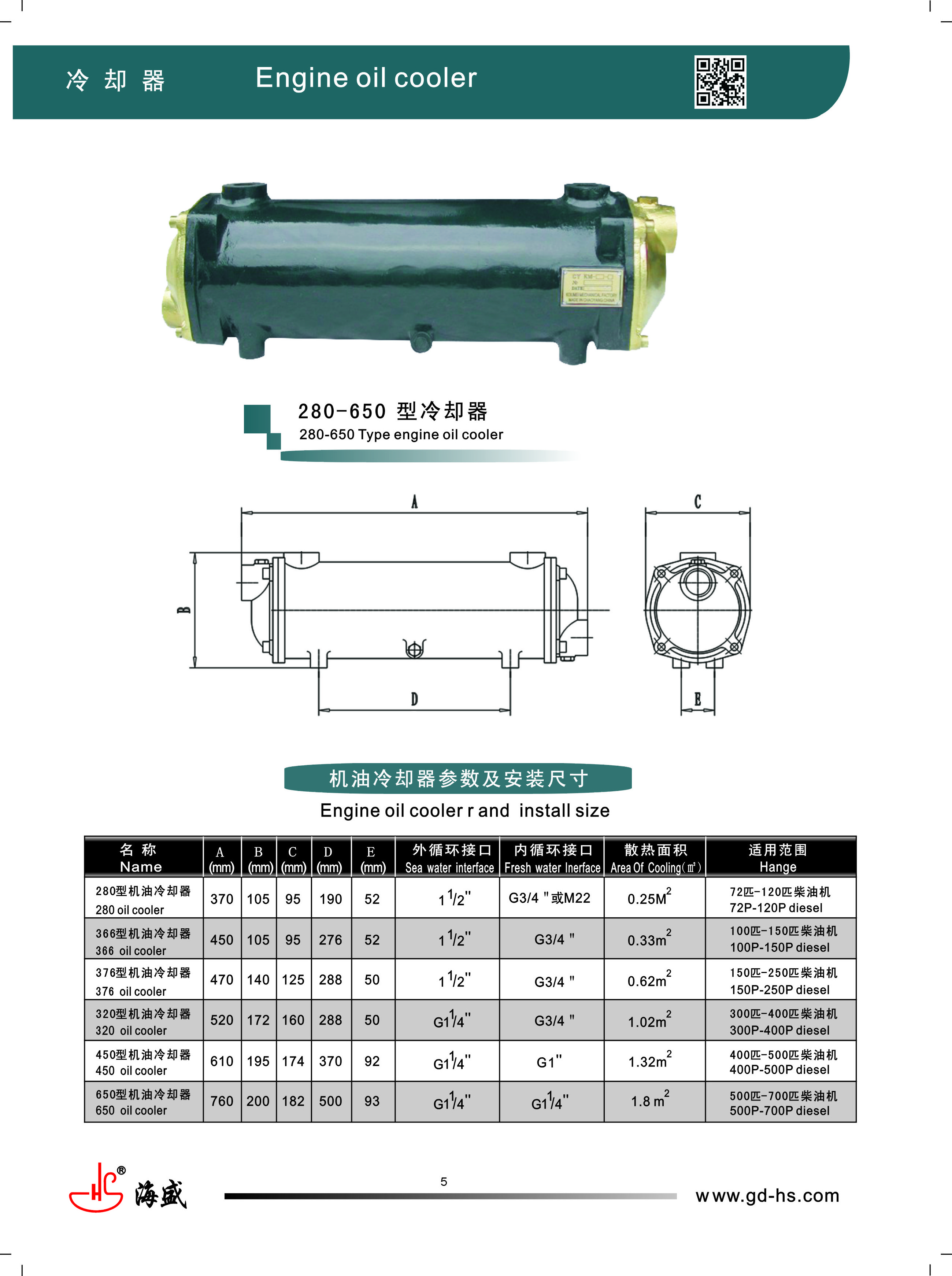 Haisheng 280 type Engine Oil Cooler for 72-120P diesel