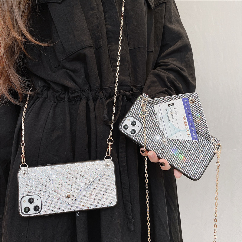 Bling Bling Glitter Luxury Diamond Wallet Card Phone Case For iPhone 14 Pro Max 14 13 12 Crossbody Phone Case