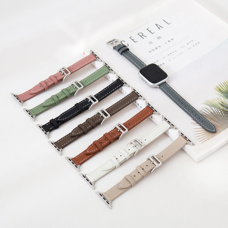 Slim Genuine Leather Bands For Apple Watch Band 41mm 44mm 45mm 49mm Top Layer Leather Watch Thin Women Men Straps