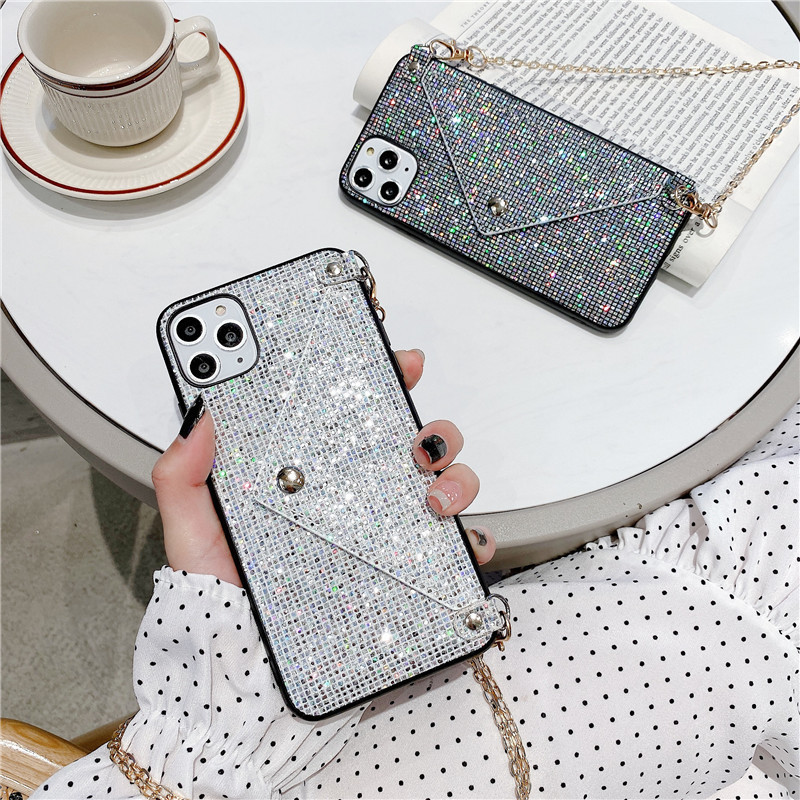 Bling Bling Glitter Luxury Diamond Wallet Card Phone Case For iPhone 14 Pro Max 14 13 12 Crossbody Phone Case