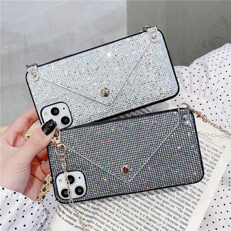 Bling Bling Glitter Luxury Diamond Wallet Card Phone Case For iPhone 14 Pro Max 14 13 12 Crossbody Phone Case