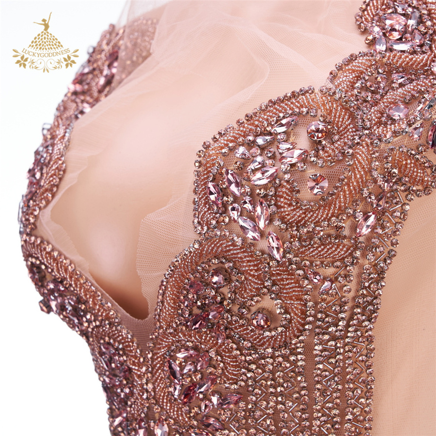 High end sexy Handmade rose gold glass dress rhinestone panel crystal bodice applique DRA-480