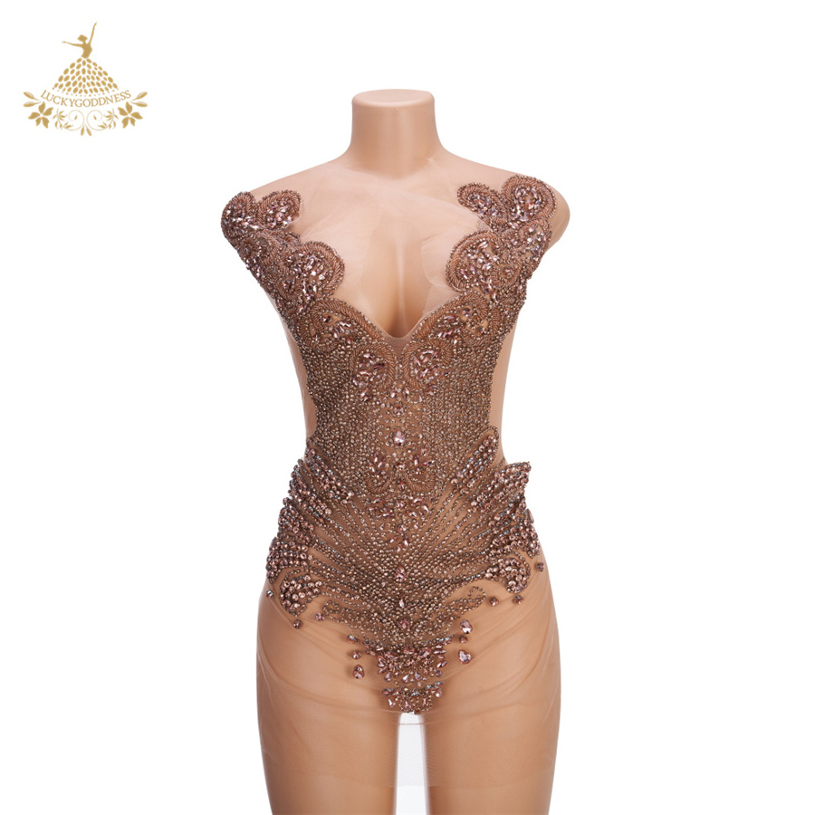 High end sexy Handmade rose gold glass dress rhinestone panel crystal bodice applique DRA-480