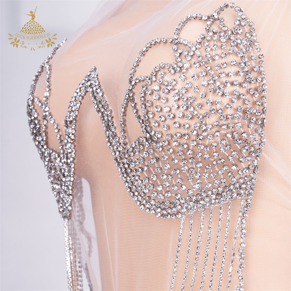 Newest crystal bridal patches clear bodice rhinestone chain  applique dresses sewing on evening dresses DRA-694