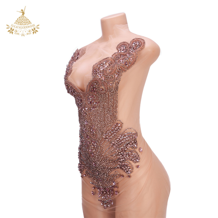 High end sexy Handmade rose gold glass dress rhinestone panel crystal bodice applique DRA-480