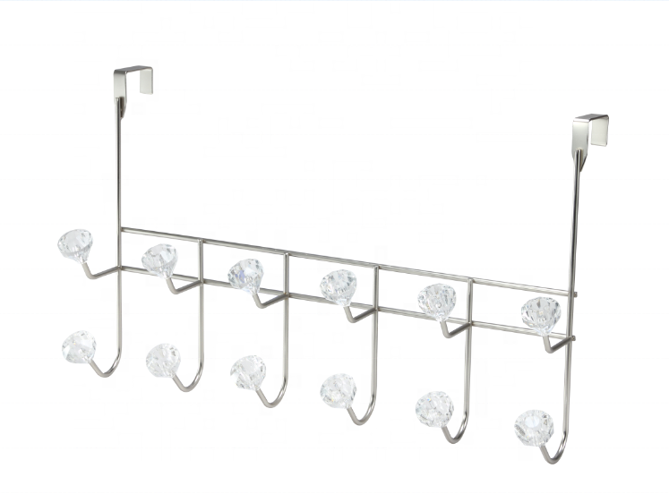 Stainless Steel Over The Door Rack With White Crystal Knobs 6 Hooks Double Layers Hanging Clothes Chrome Hook