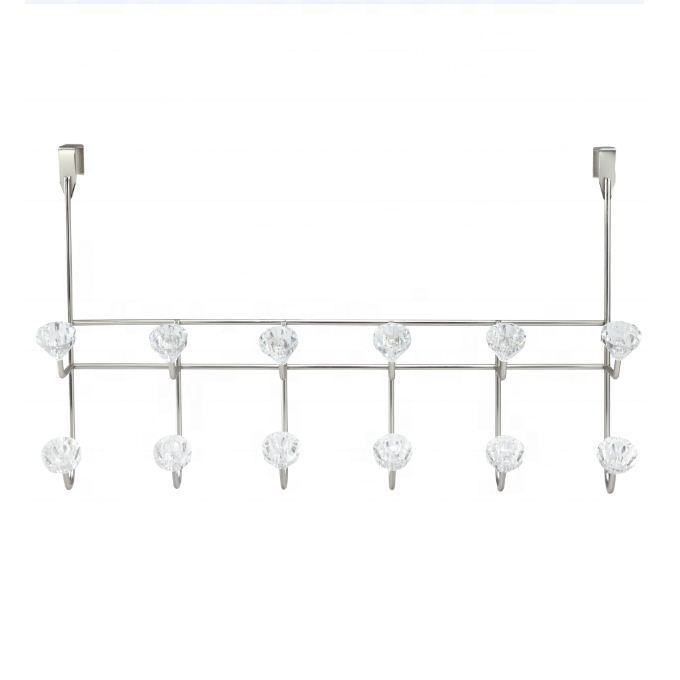 Stainless Steel Over The Door Rack With White Crystal Knobs 6 Hooks Double Layers Hanging Clothes Chrome Hook