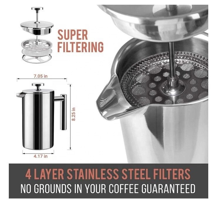 Double Wall Coffee Press 350ml 800ml 1000ml New Design Silver French Press Coffee Hot Tea Maker