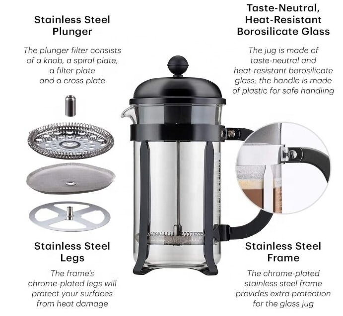 Borosilicate Glass Coffee Press With Plastic Handle Stainless Steel French Press Coffee Powder Coating Tea Maker