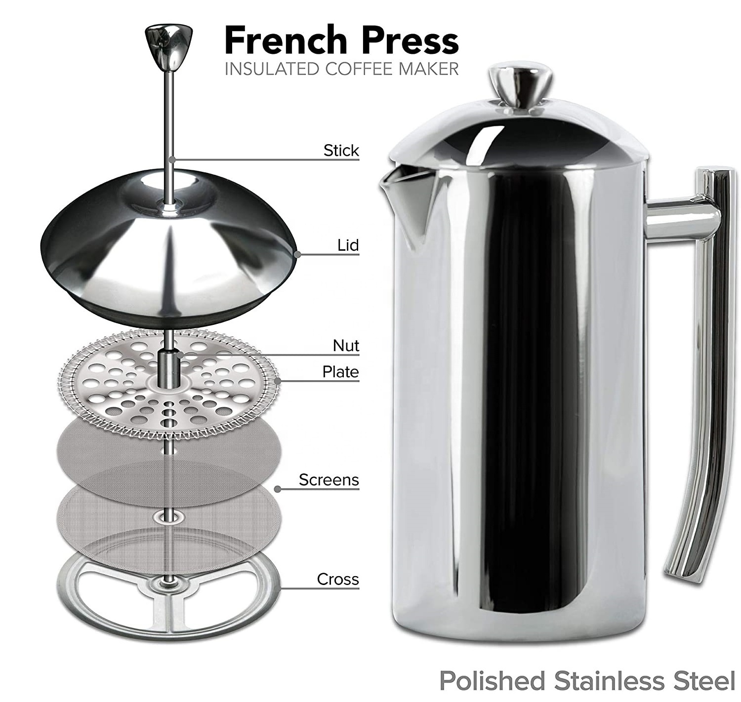 Double Wall Coffee Press 350ml 800ml 1000ml New Design Silver French Press Coffee Hot Tea Maker