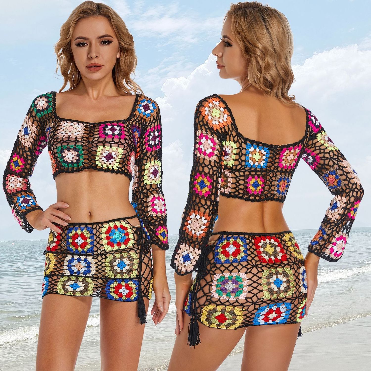 cheap price wholesale handmade crochet beachwear sexy colorful knitted cover ups 2 piece skirt set women