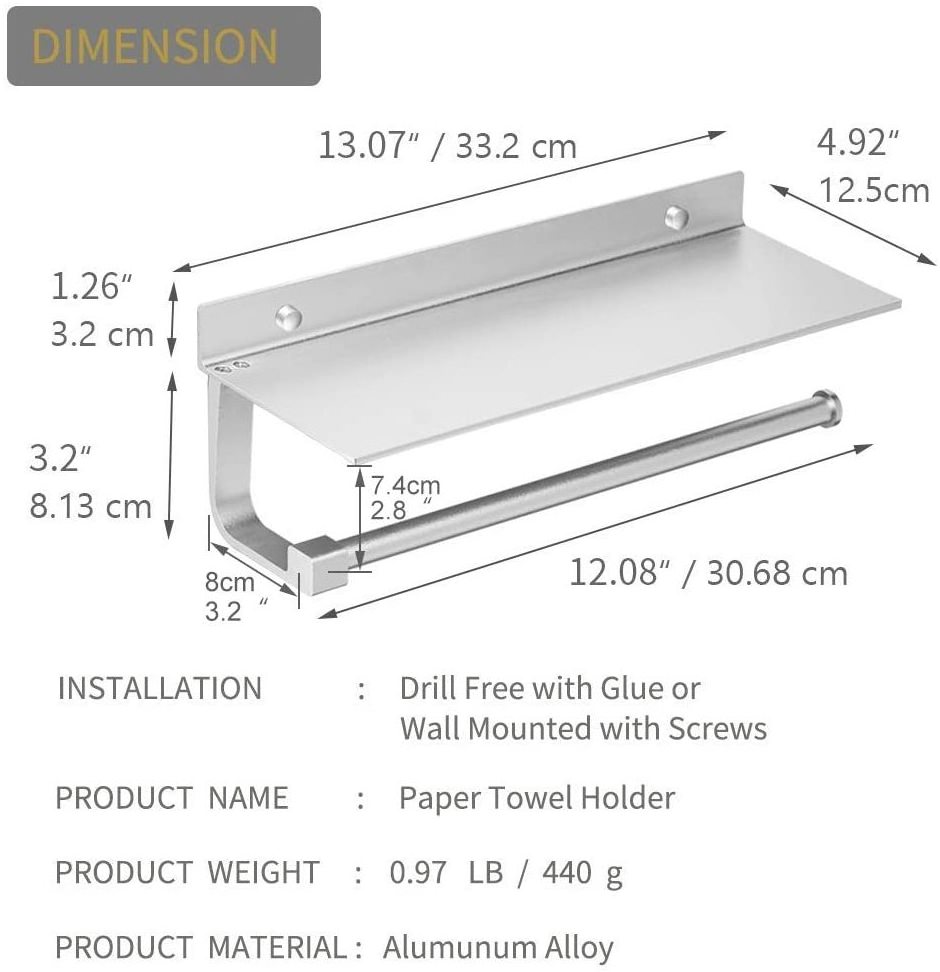 Adhesive Paper Towel Holder Wall Mounted Rack Saving Space Kitchen 13 in Bathroom Tissue Roll Hanger Aluminum Storage Shelf