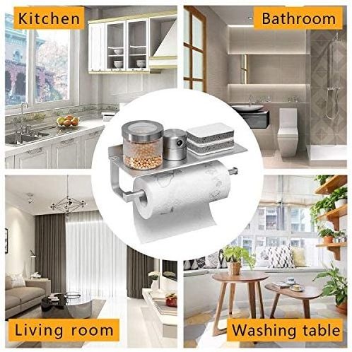 Adhesive Paper Towel Holder Wall Mounted Rack Saving Space Kitchen 13 in Bathroom Tissue Roll Hanger Aluminum Storage Shelf