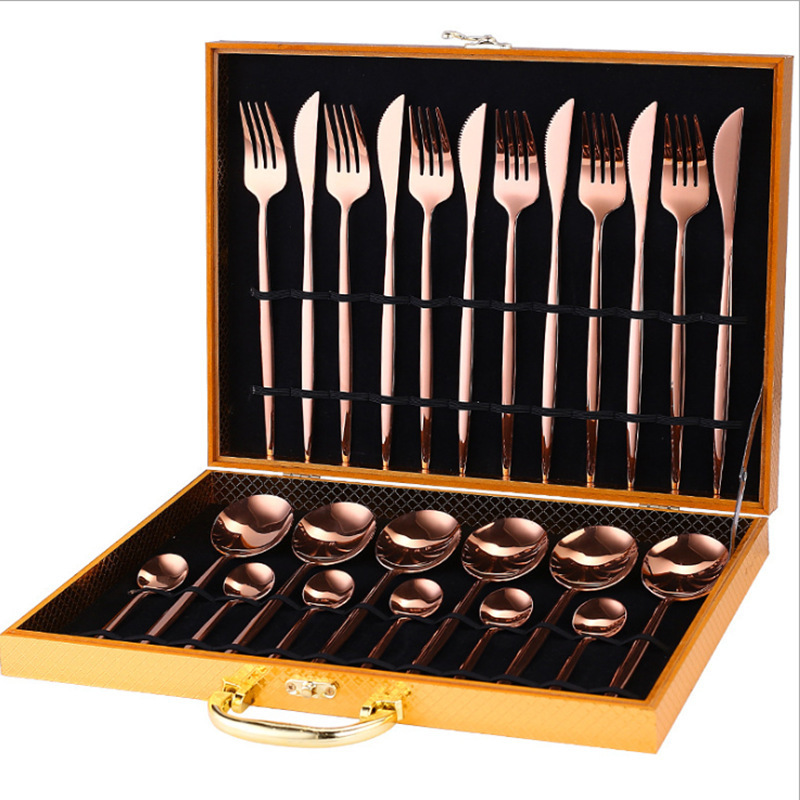 Utensil Fork Knife Spoon black gold flatware stainless steel cutlery 24pcs set with wooden box