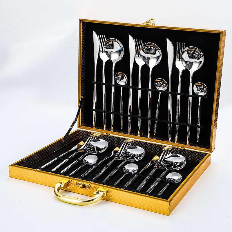 Utensil Fork Knife Spoon black gold flatware stainless steel cutlery 24pcs set with wooden box