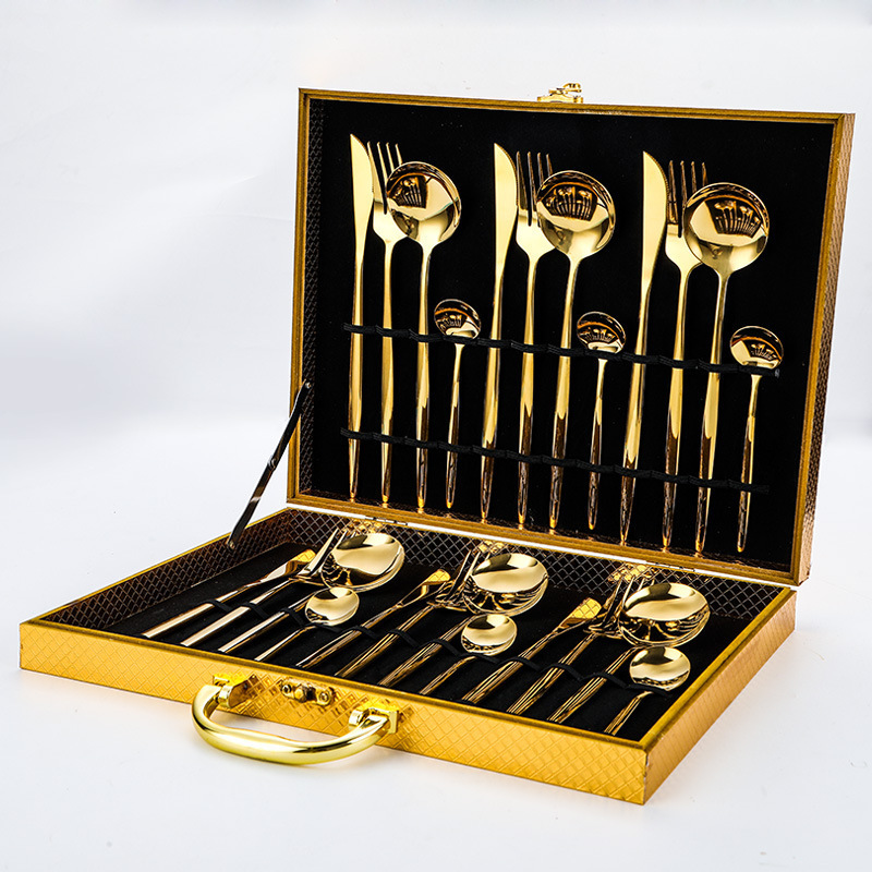 Utensil Fork Knife Spoon black gold flatware stainless steel cutlery 24pcs set with wooden box