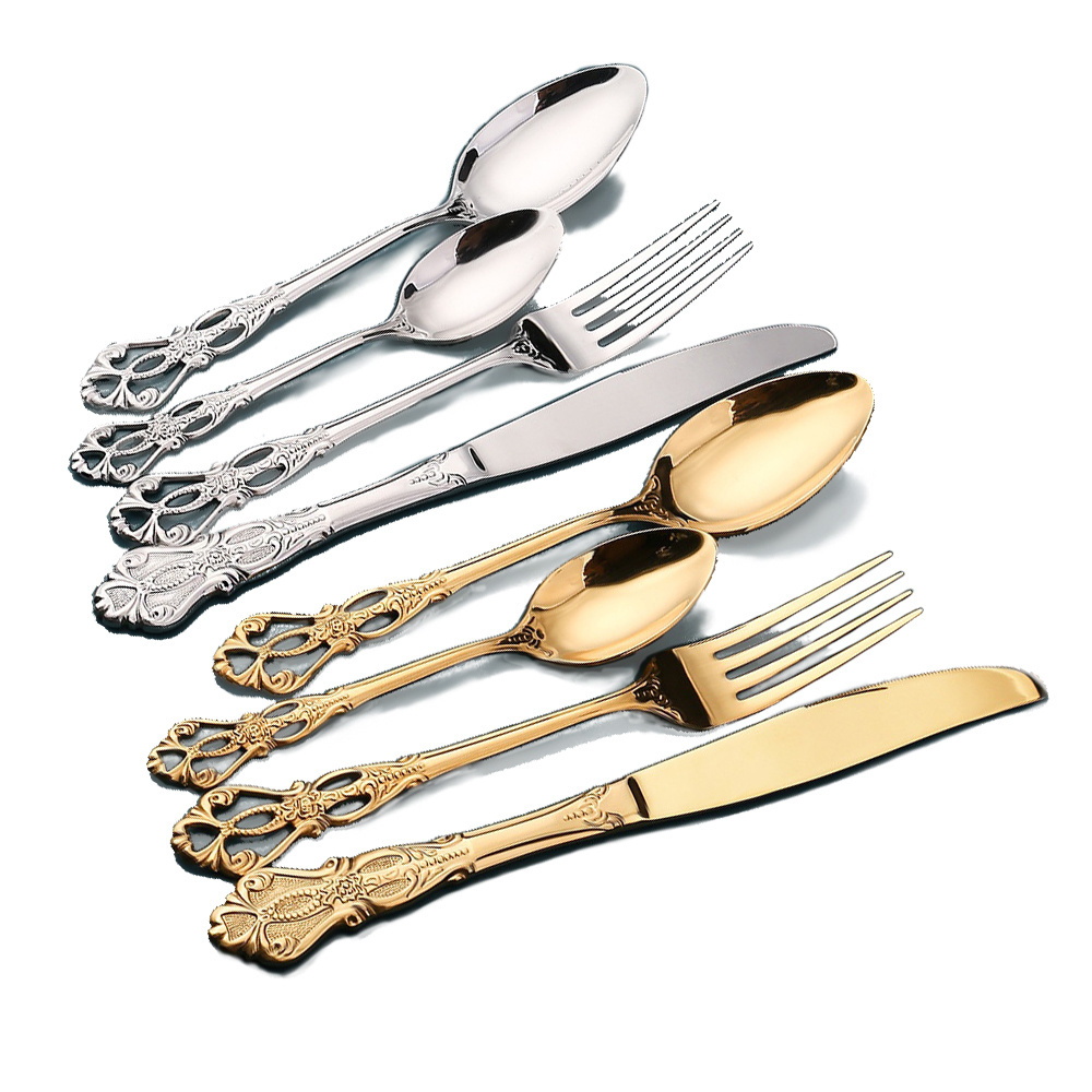 Vintage Wedding Baroque Royal Luxury Cutlery Set Gold Plated Stainless Steel 18/10 304 Flatware Set Gold Cutlery