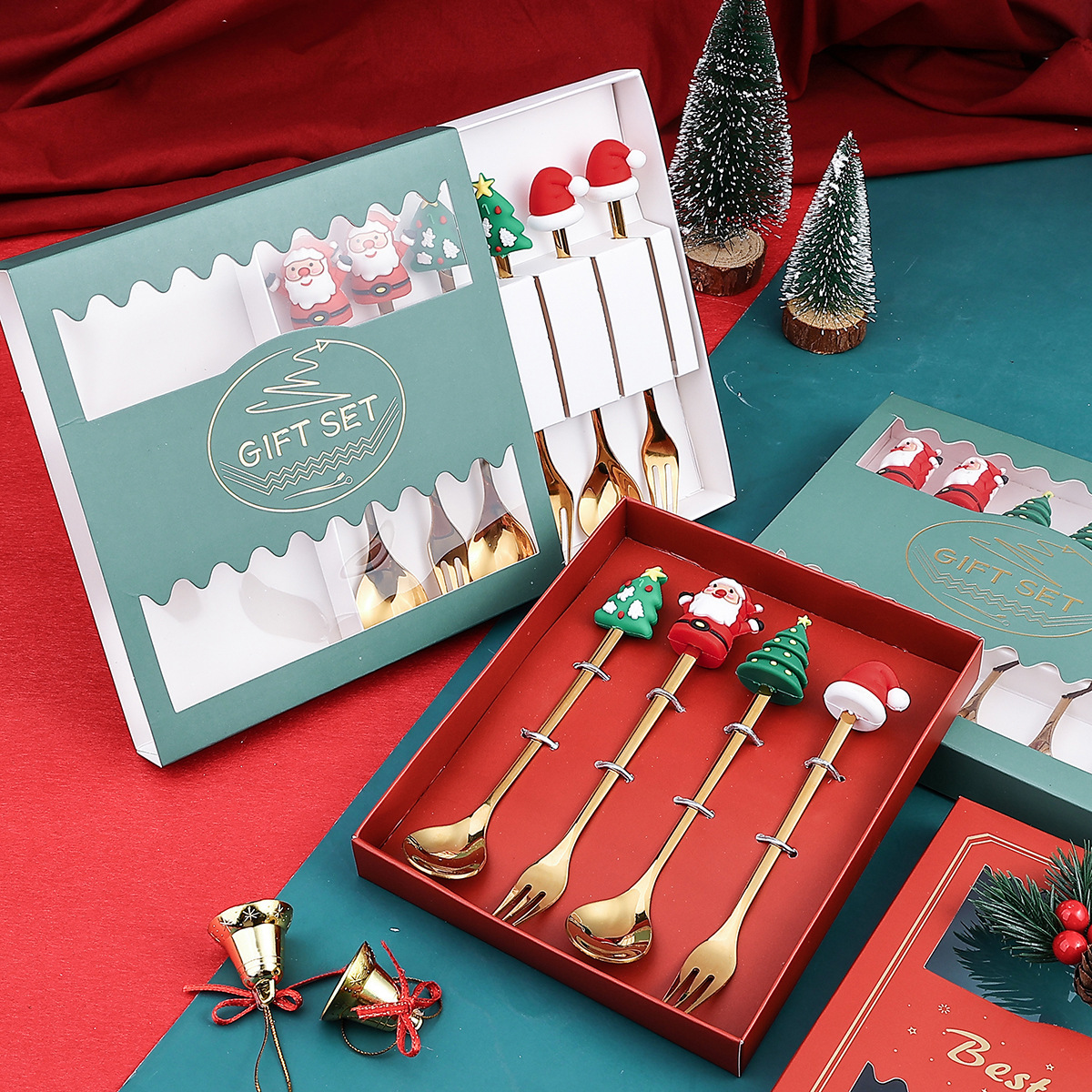 Nordic Santa Claus Tree Gift Set Teaspoon Stainless Steel 4pcs Christmas Tea Coffee Tea Spoon Cutlery Flatware Set with Gift Box