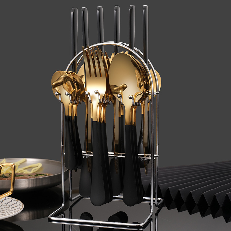 Gold Stainless Steel Knife Fork Spoon set with Stand 24pcs Gold Flatware Cutlery Set With Rack