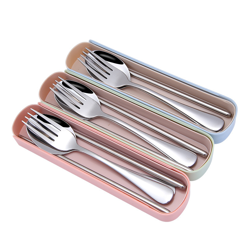 Portable Reusable Stainless Steel Chopsticks Spoon Fork Cutlery Set with wheat box