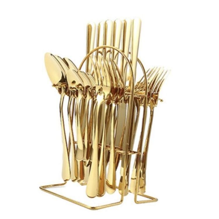 Gold Stainless Steel Knife Fork Spoon set with Stand 24pcs Gold Flatware Cutlery Set With Rack