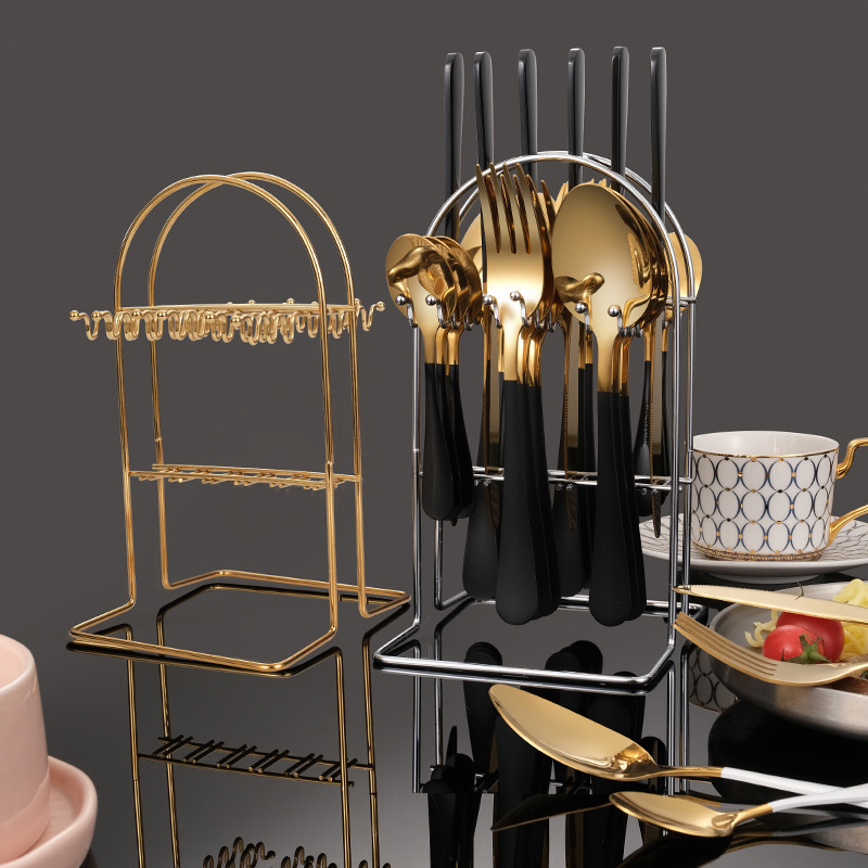 Gold Stainless Steel Knife Fork Spoon set with Stand 24pcs Gold Flatware Cutlery Set With Rack