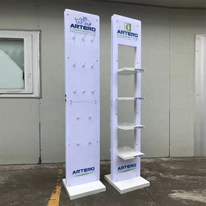 Customized White Metal Floor Cosmetic Display Racks With Hooks And Adjustable Shelves