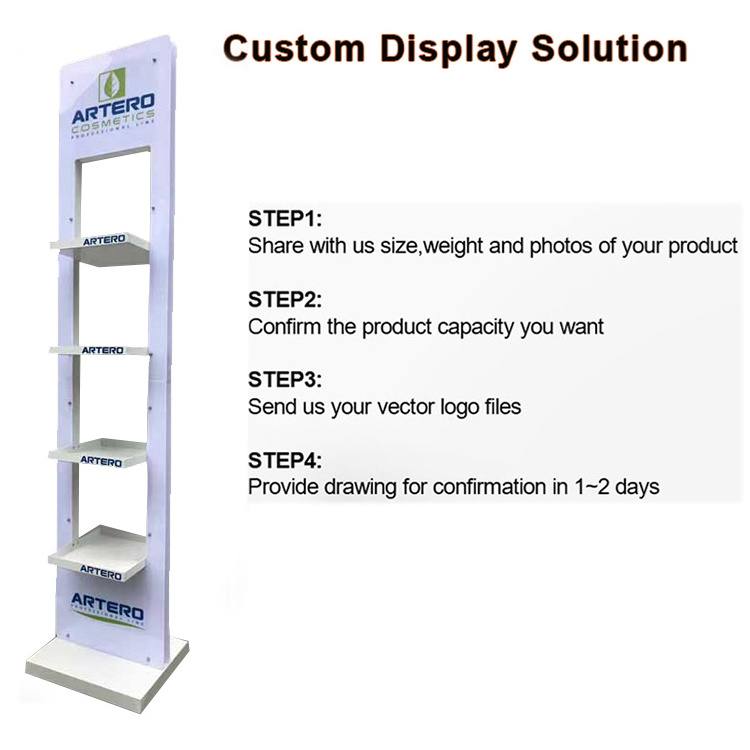 Customized White Metal Floor Cosmetic Display Racks With Hooks And Adjustable Shelves