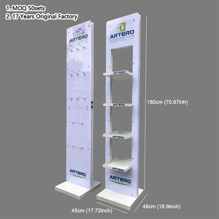 Customized White Metal Floor Cosmetic Display Racks With Hooks And Adjustable Shelves