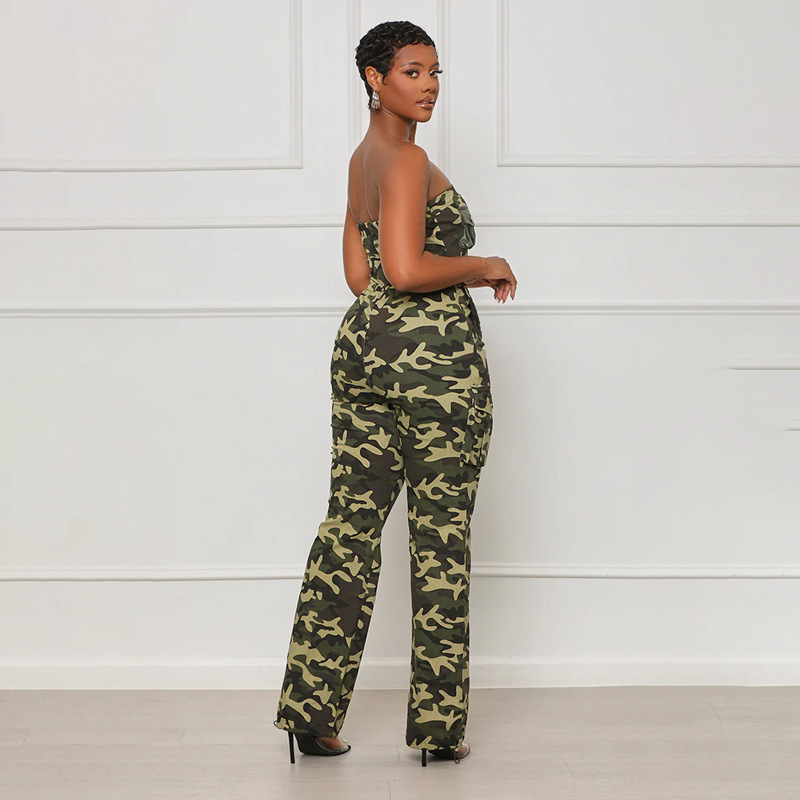 Woman Clothes Trending Good Quality Straight Leg Strapless Camouflage with PU Pocket Women Camo Cargo Jumpsuit