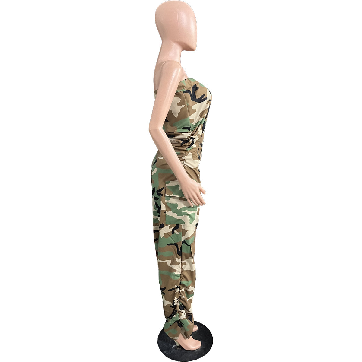 Street Wear Fashion Unique Baggy Strapless Pocket Button Down Cargo Pants Camo Jumpsuit Women