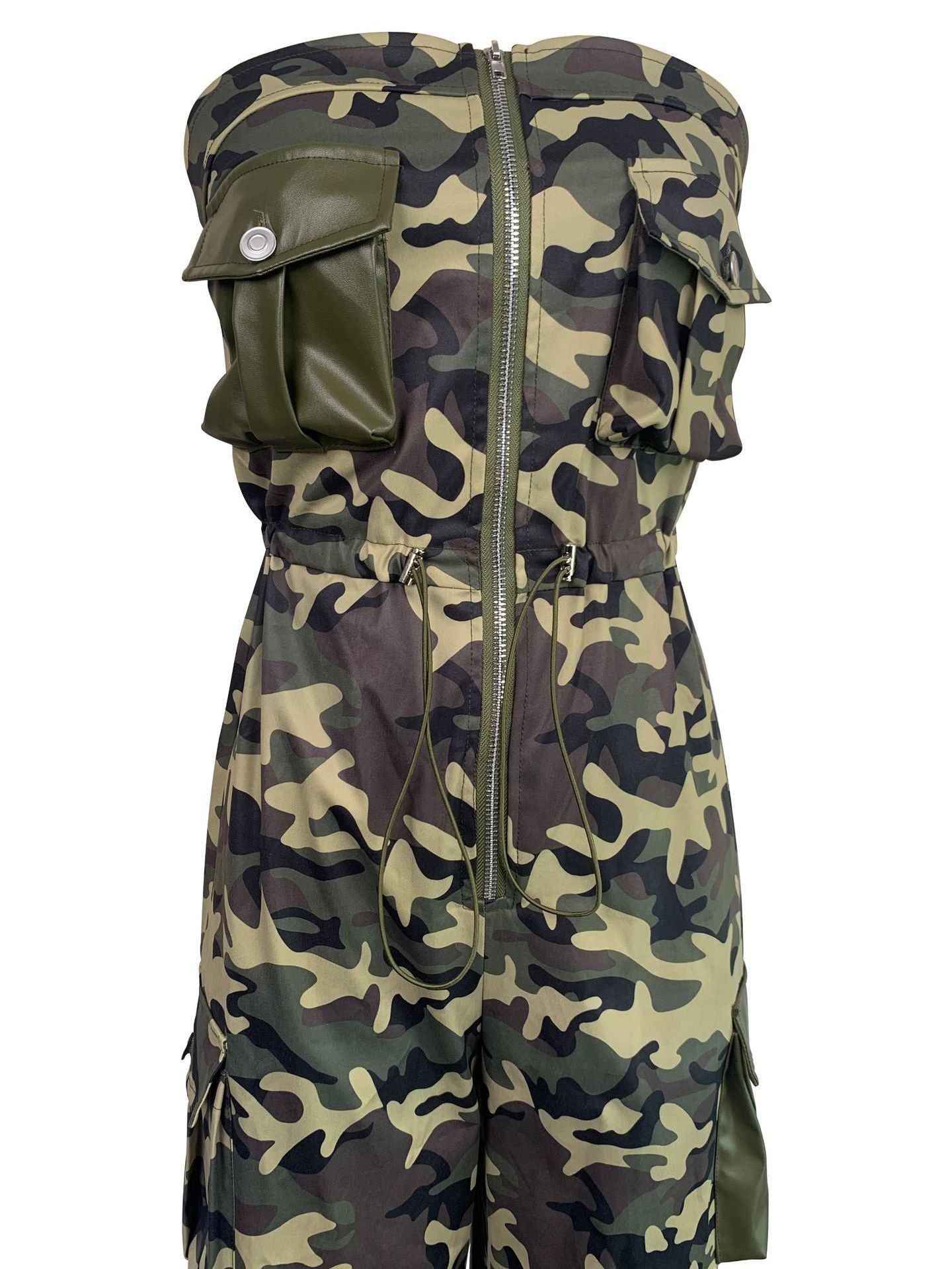 Woman Clothes Trending Good Quality Straight Leg Strapless Camouflage with PU Pocket Women Camo Cargo Jumpsuit