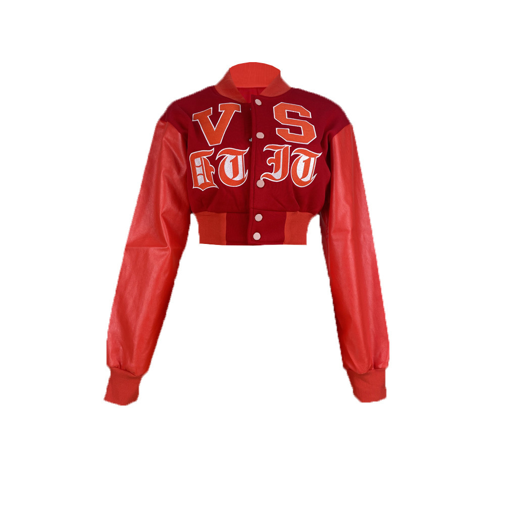 Y2K Vintage red short varsity jacket coat women fall trendy fashion streetwear sexy leather long sleeve crop varsity jacket