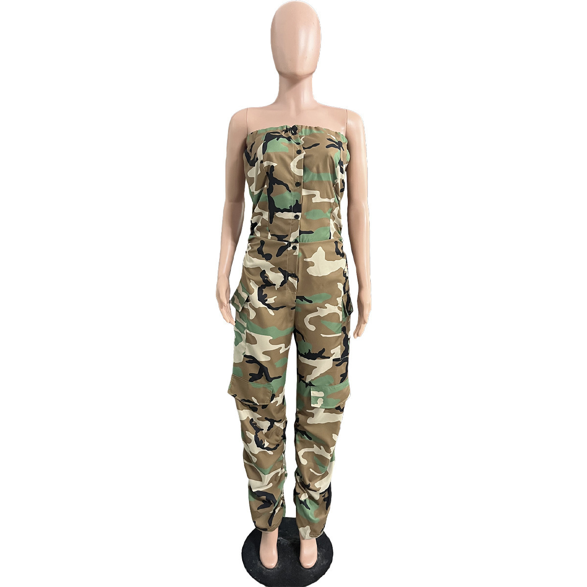 Street Wear Fashion Unique Baggy Strapless Pocket Button Down Cargo Pants Camo Jumpsuit Women