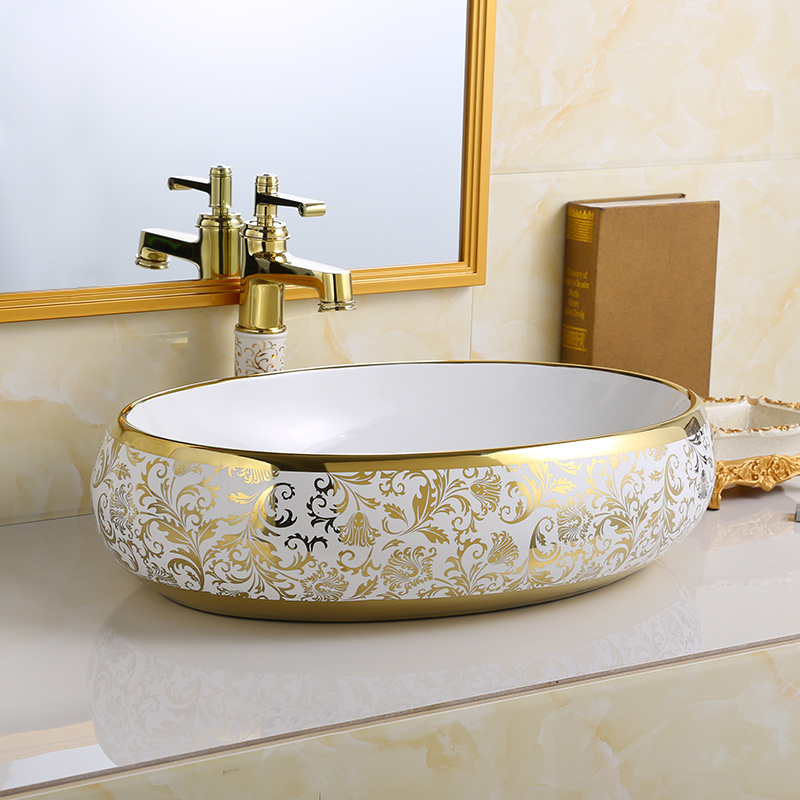 Luxury bathroom lavabo golden sink ceramic art vanity basin electroplated table top wash basin vessel sink