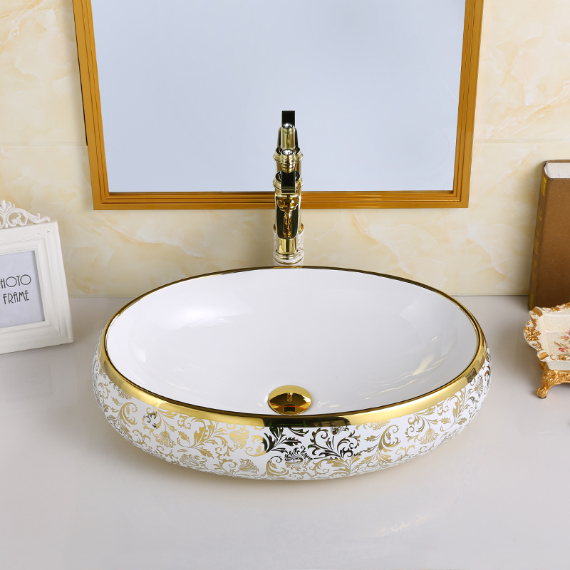 Luxury bathroom lavabo golden sink ceramic art vanity basin electroplated table top wash basin vessel sink