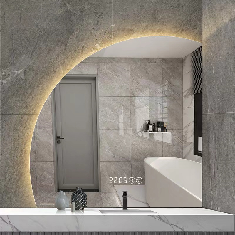 Decorative Touch Sensor Frameless Wall Mounted Smart Bathroom Half Moon Mirror With Led Light And Bluetooth