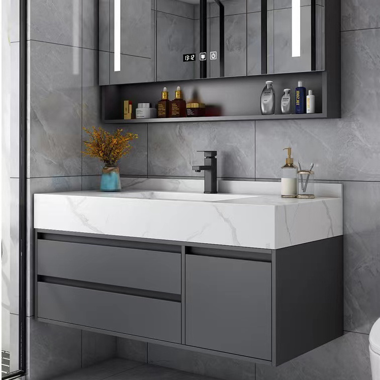 Modern Gray Wall Mount Bathroom Vanity Hotel Solid Wood Washroom Storage Cabinet Set Marble Floating Vanity