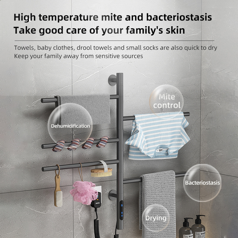 Wall Grey Adhesive Bath Rotating Towel Rack Warmer Bathroom Stainless Steel Thermostat Electric Towel Rack