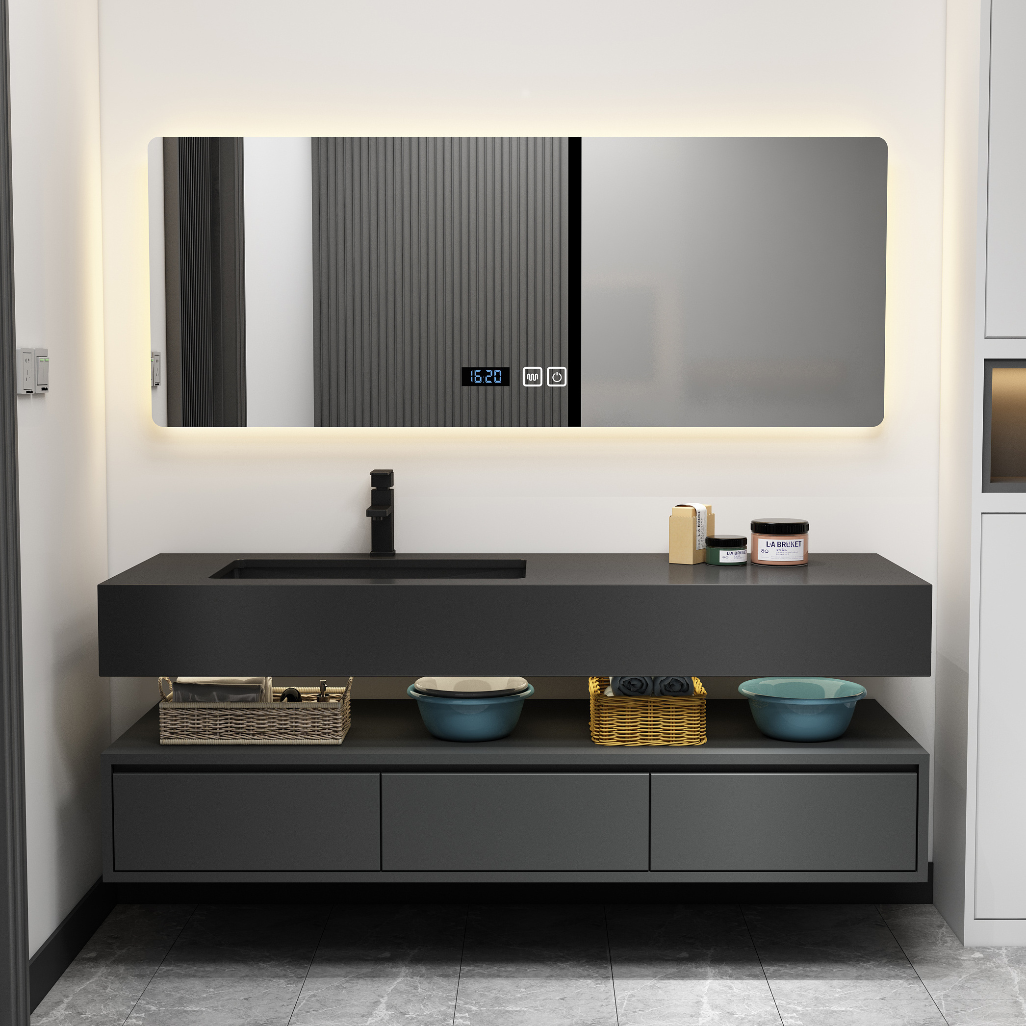 Luxury Floating Bathroom Vanity Supplier Mirror Cabinet Modern Matte Black Wall Mounted Bathroom Vanity Set