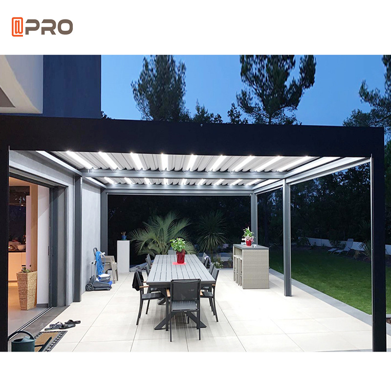 Customized Aluminium Led Light Outdoor Gazebo Waterproof Louvered Roof Motorized Bioclimatic Pergola